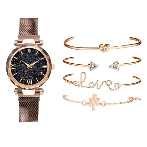 5pcs Set Luxury Women Watches Magnetic Starry Sky