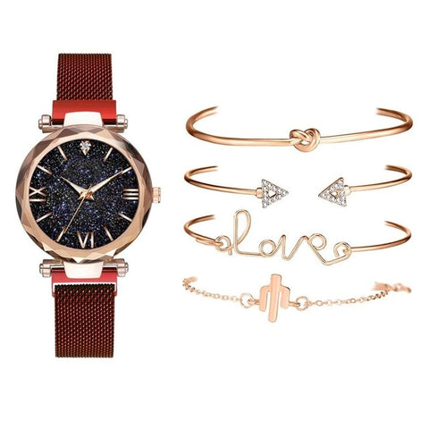 5pcs Set Luxury Women Watches Magnetic Starry Sky