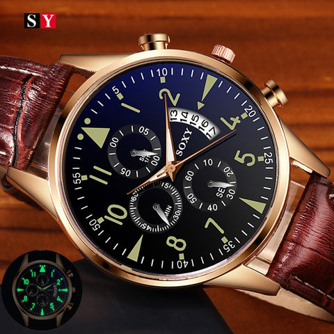 SOXY Men's Watches Classic Gold Calendar Mens Leather Watch relogio masculino Quartz Wristwatch Luminous Popular saati hours